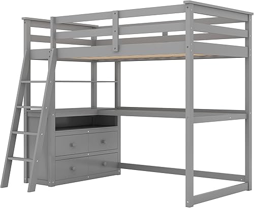 Miniatura 7 de SIYSNKSI Moderna cama alta de tamaño individual con escritorio y estantes marco de cama de madera maciza con 2 cajones integrados y barandilla