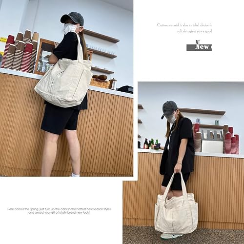 Riavika All Things Bag, Large Canvas Tote Bags For Women With Zipper, Top Handle Handbag With 4 Exterior Pockets, Perfect For Overnight Travel, Work, Shopping, Weekend Trips, Beach Days, Withe #TOP1