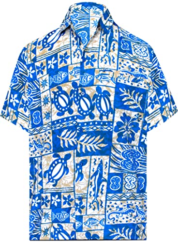 LA LEELA Mens Hawaiian Shirts Short Sleeve Button Down Shirt Men's Tropical Shirts Casual Shirts for Men Funny L Sea Collage Bright Blue
