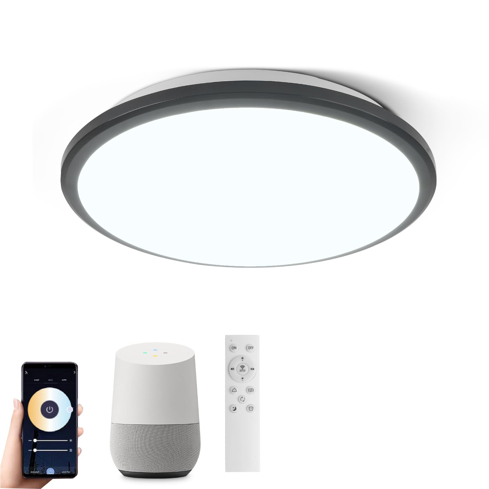 Horevo Smart LED Ceiling Light 24W Black Recessed Mount with Remote Control – Compatible with Alexa and Google Home – Dimmable 30cm for Bedroom, Kitchen, Living Room