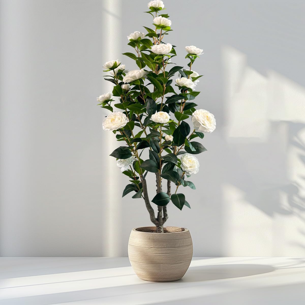 3.4ft Artificial Camellia Tree | White Flowers & Green Leaves | Indoor Outdoor Decor, No Maintenance (1 Pack - White)