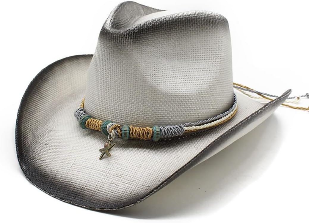 Western Cowboy Hat with Decorative Rope Band, Gray Straw, Cross Charm