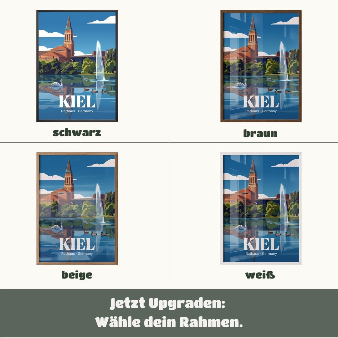MJ-GRAPHICS® Poster Kiel Rathaus Wandbild Architektur Kunstdruck minimalistisch Blau Beige Wohnzimmer Stadtansicht Deko Büro Bilder urban in Deutschland 50x70 mit weißem Rahmen