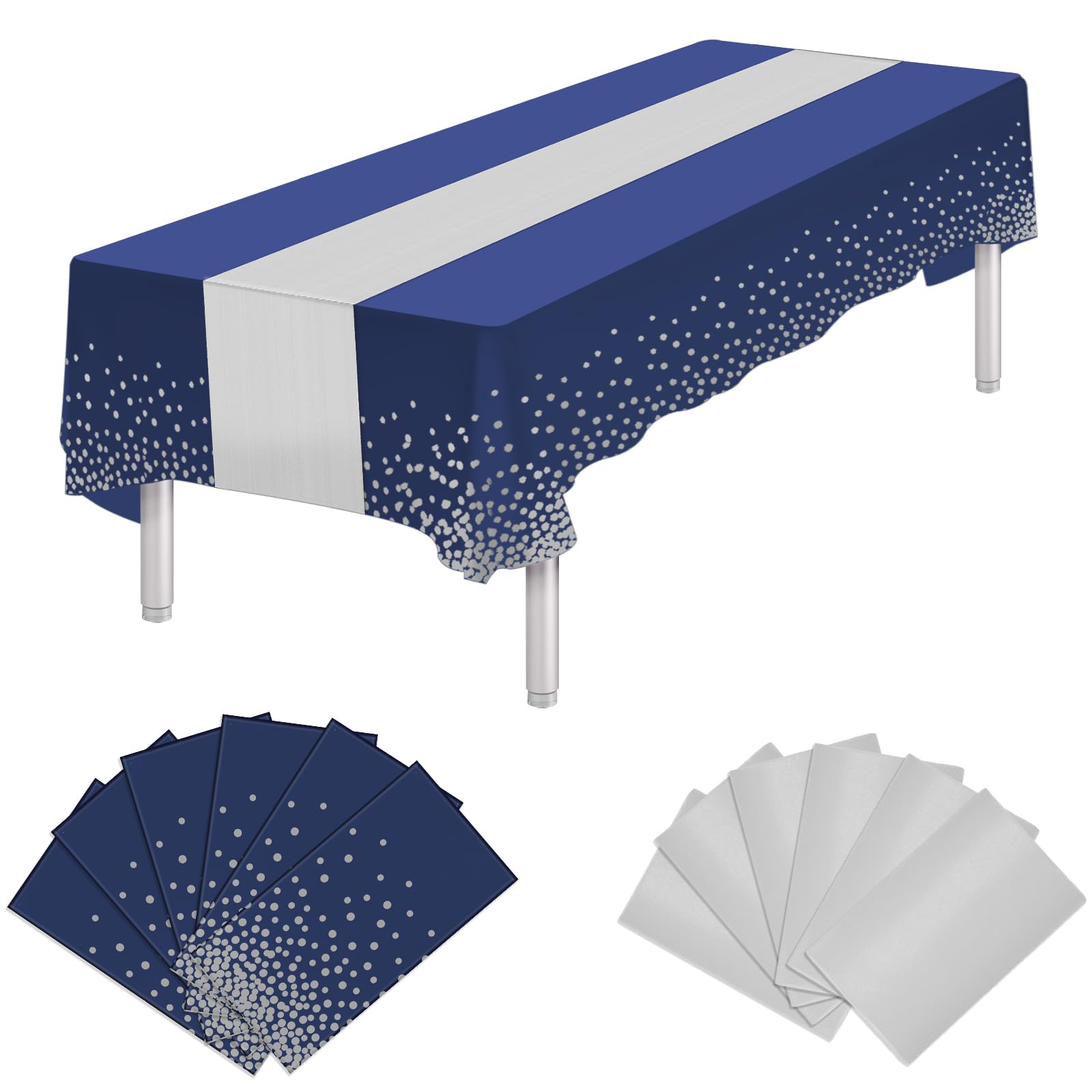 Photo 1 of 12 Packs Disposable Plastic Blue Rectangle Tablecloth and Satin Table Runner, Blue and Silver Table Cloth Runner Cover for Baby Shower Birthday Retirement Anniversary Graduation Party Decorations