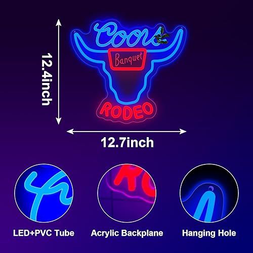 Miniatura 10 de ADS JIE Western Decor - Letrero de neón de vaquero  9 ajustes de brillo alimentado por USB, luz de calavera de vaca, letrero Busch, Crs Bull Led