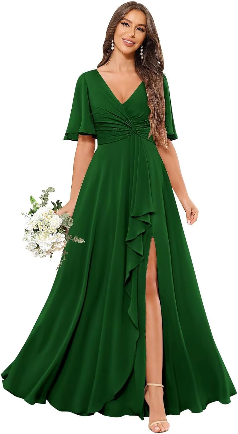 Short Sleeve Bridesmaid Dresses for Women Ruffle Chifon Formal Wedding Party Dress with Pockets