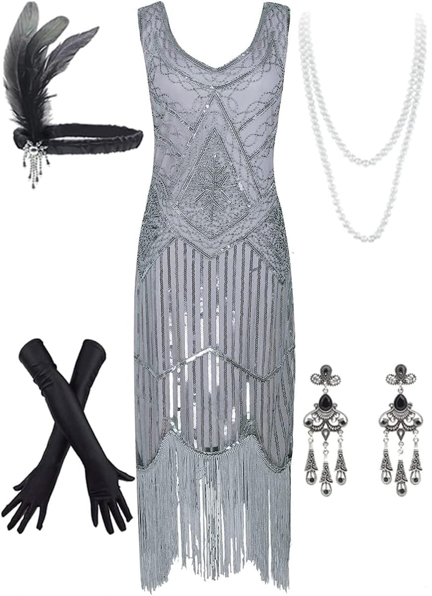 Women's Vintage 1920s Sequin Beaded Tassels Hem Flapper Dress w/Accessories Set