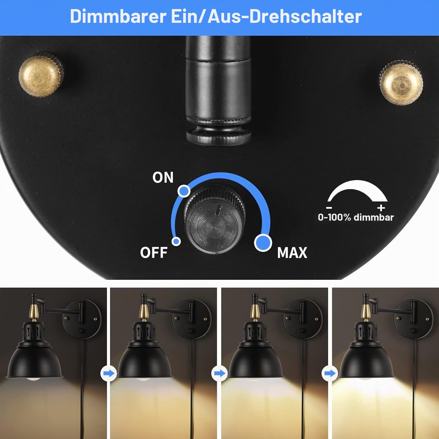 Vintage Wandleuchte Dimmbar mit Schalter Innen Wandlampe Verstellbar 2 Schwenkbar Arm Schwarz Industrial Retro Lampe Wand aus Metall E27 Wandleuchte mit Stecker und Kabel für Wohnzimmer Schlafzimmer
