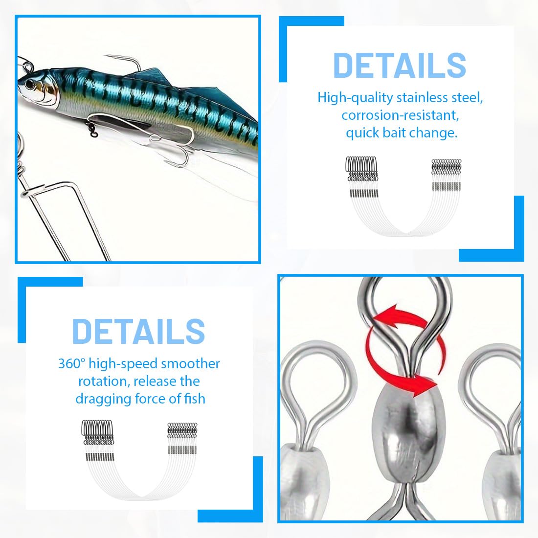 12 Piezas Líder de pesca de fluorocarbono, Línea de Líder de Fluorocarbono con Eslabón Giratorio Y Broche, Accesorios de Pesca, Línea de Líder para Pesca de Spinning