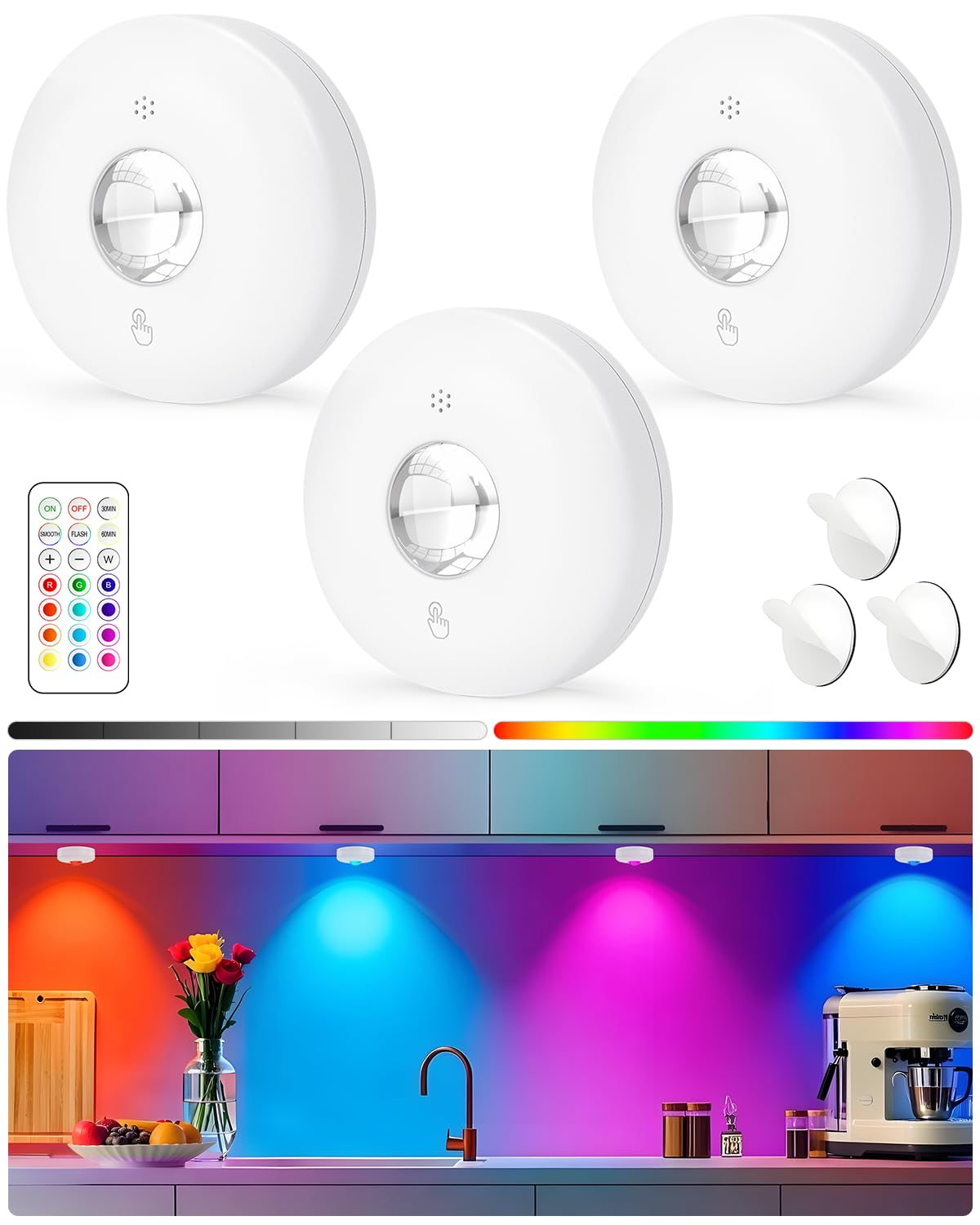 Yiliaw LED Puck Lights with Remote, Magnetic AAA Battery Operated Light, Under Cabinet Lighting, Tap Lights with Dimmer & Timmer for Kitchen, Closet, Shelf - 3 Pack, White