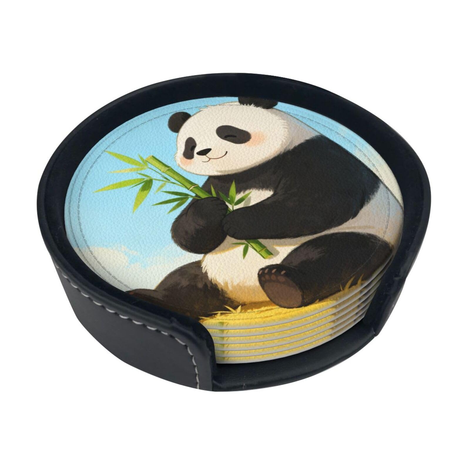Cntdbu White Panda Hold Bamboo Leather Coasters Set Of 6-Pu Leather Drink Mats For Table, Heat Resistant Round Coasters With Holder