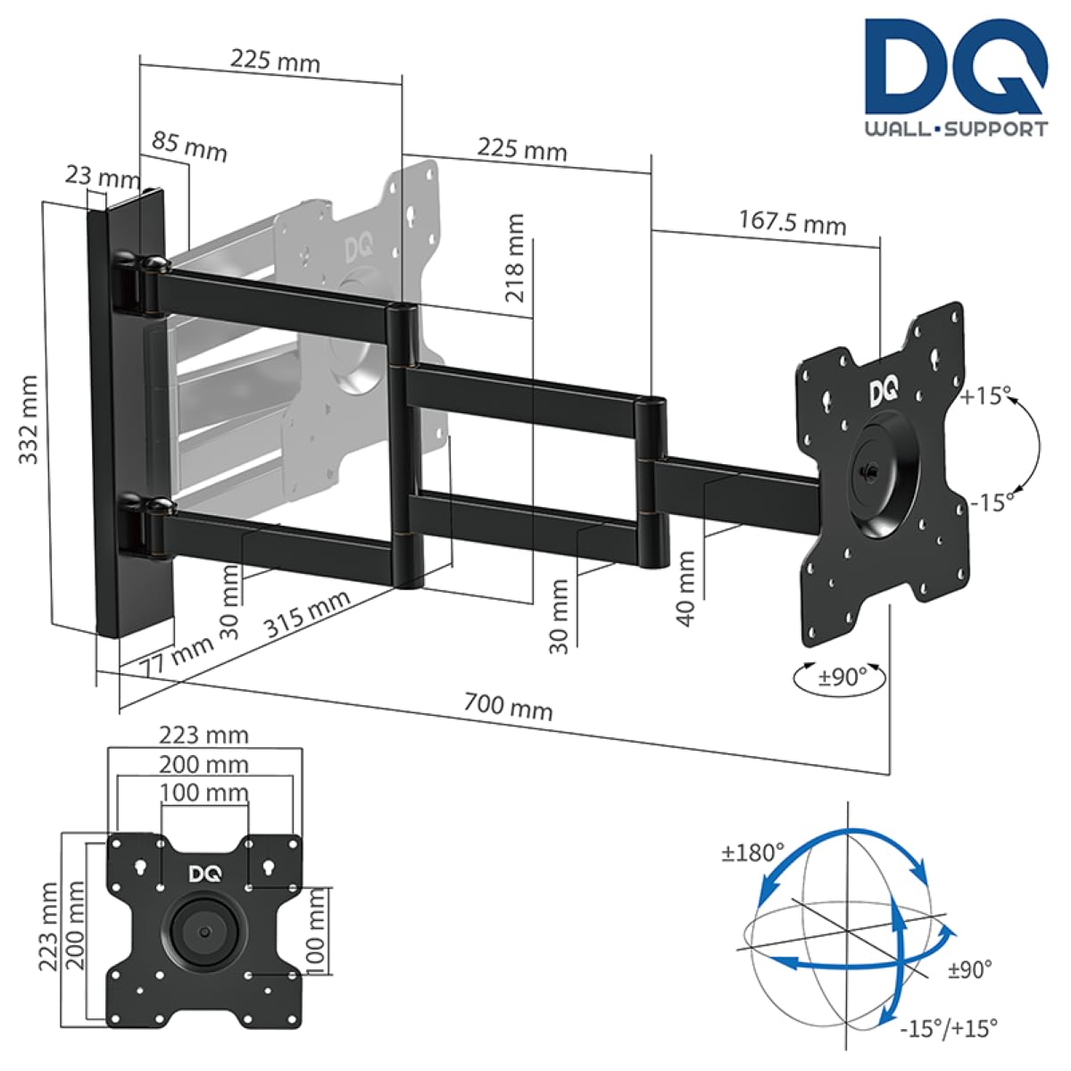 Soporte de Pared para TV DQ Rotate XL - extralargo Brazo Giratorio, Soporte, Barra giratoria flexibilidad para TV de tamaño Medio, Soporte para TV (Negro, 70 cm / 25 kg)