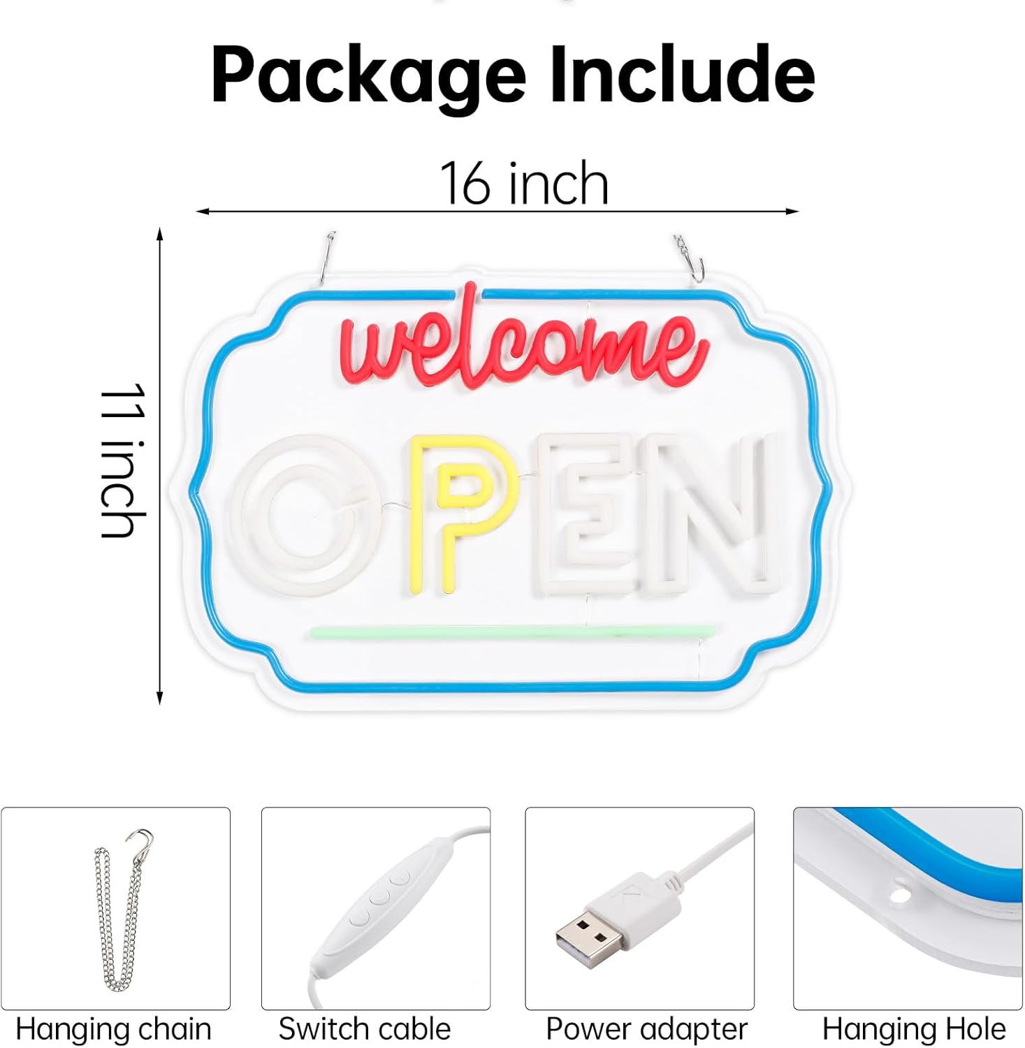 Open Sign for Business LED Neon Light – 16.8x11 Inch USB Powered Acrylic Wall Sign with Blue Trim, Red Welcome and White OPEN Letters for Store Window Shop Cafe Bar Decor - Image 2