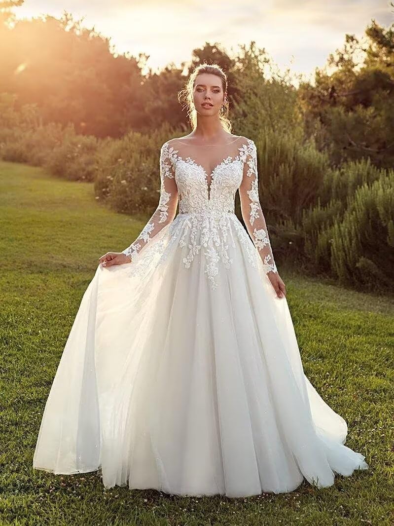 MeiLiqe Lace Appliques A-Line Wedding Dresses for Bride 2026 Beach Bridal Gowns with Train size small
