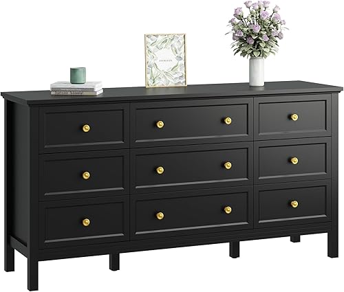 CARPETNAL Cómoda negra de 9 cajones para dormitorio con cajones profundos, cómodas grandes y cómoda con manijas doradas, cómodas largas modernas