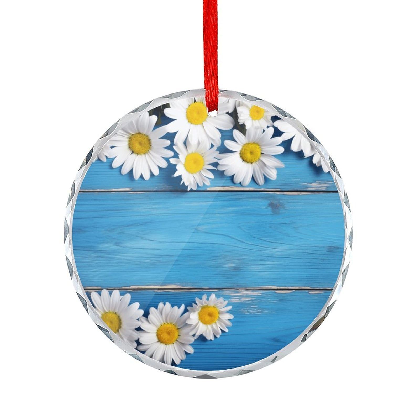 Btcowzrv Style Daisy Flowers Blue Wooden Round Ornament Hanging Pendant Decor