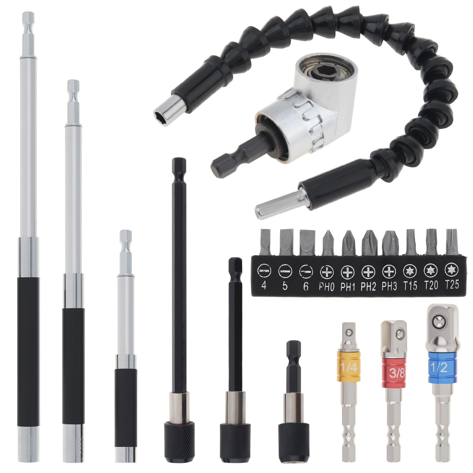 ChgImposs Flexible Drill Bit Extension Set – 3 Fixed + 3 Telescopic Magnetic Drill Bit Holders, 105° Right Angle Drill, 11.8" Bendable Drill Extension, 3pcs Socket Adapters, Screwdriver Bit Kit