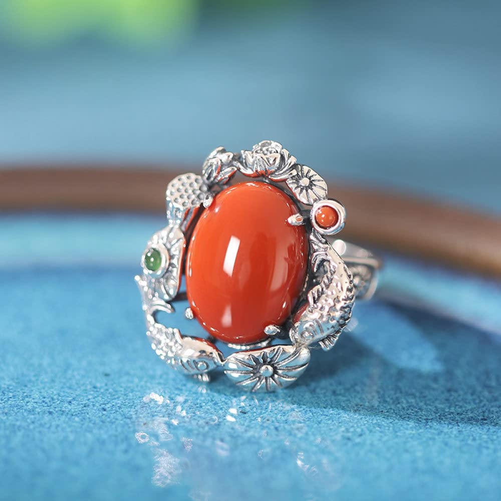 Anello In Argento Sterling 925,925 Sterling Silver Loto Stagno Dei Pesci Incisione Vintage Distressed Rotondo Anello In Pietra Naturale Agata Rossa Boho Gemma Energia Fascino Matrimonio Gioielli Reg