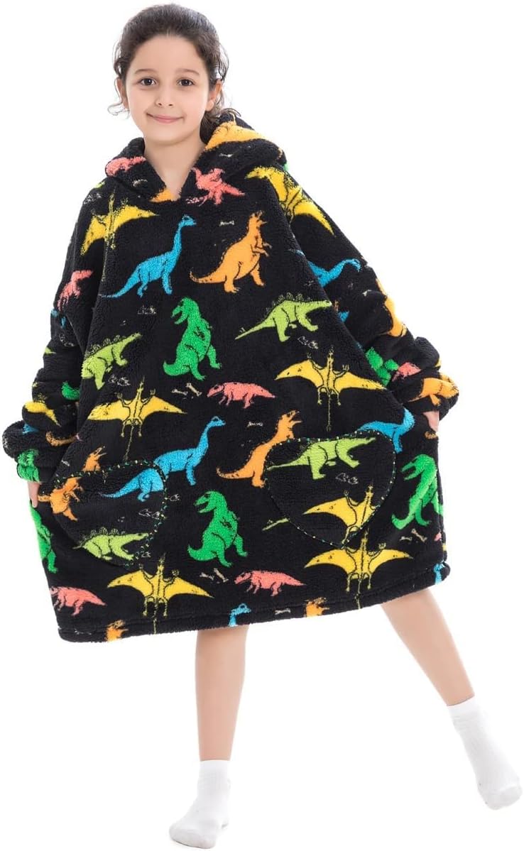 Blanket Hoodie for Kids Girls, Oversized Wearable Blanket Hoodie with Big Pocket, Soft Warm Fleece Dressing Gown Sweatshirt