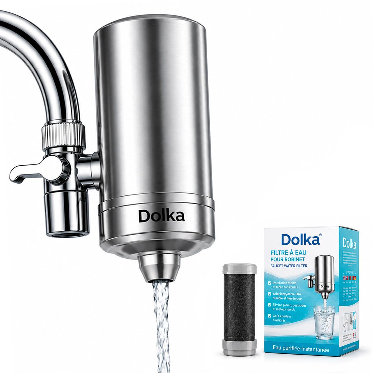 Filtre Eau Robinet Cuisine Dolka – Purificateur Eau Robinet en 100% inox – Eau Filtrée Instantanée – Filtre Eau Maison avec Charbon Actif – Installation Facile Sans Outils