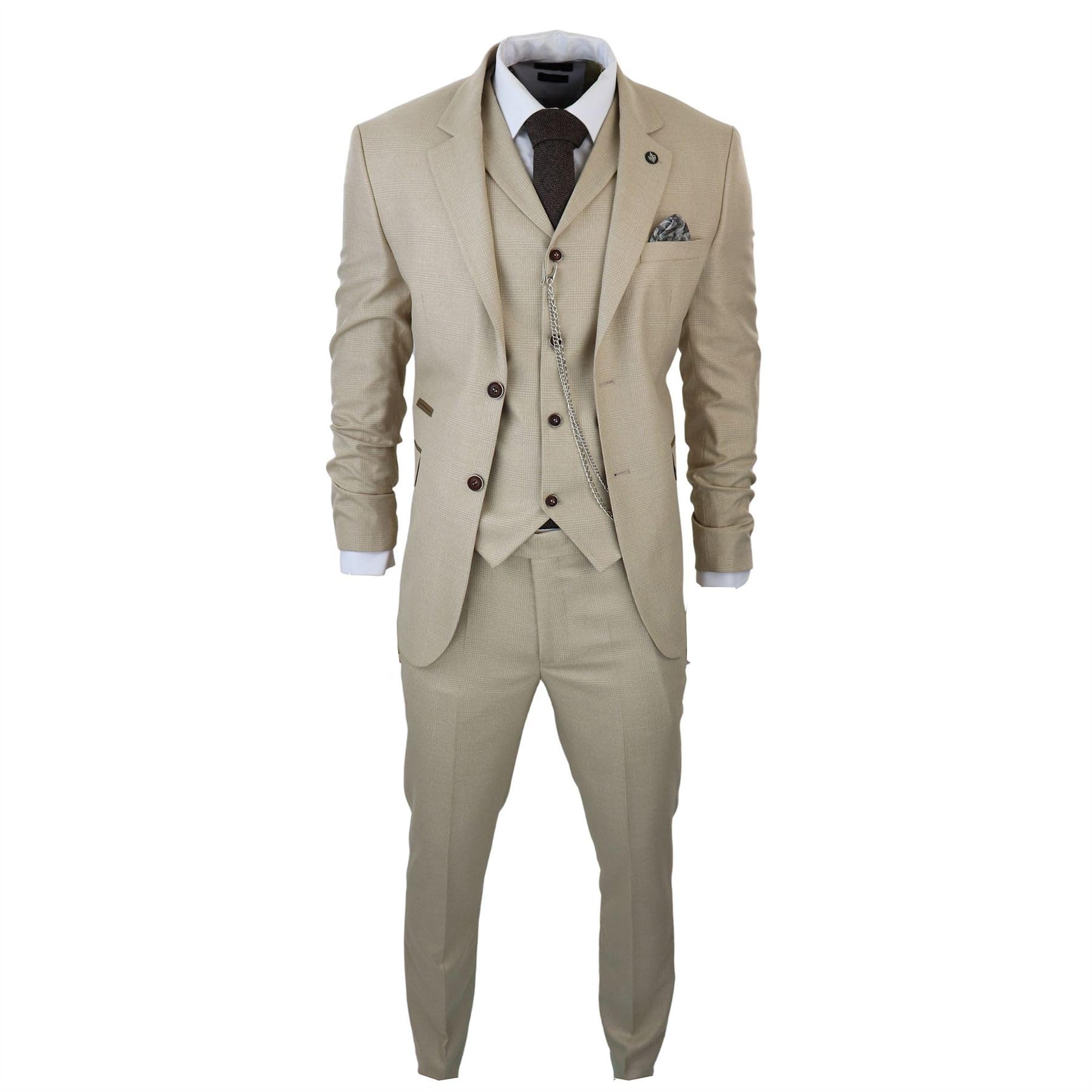 Truclothing Men's Cream 3 Piece Suit Prince Of Wales Check Beige Tailored Fit Vintage Wedding - 48