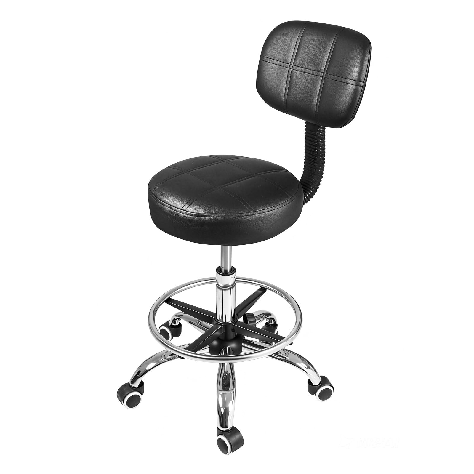 Levede PU Leather Rolling Stool with Low Back, Height Adjustable Swivel Task Chair with Footrest for Salon, Office, Studio and Home Use 84-100cm
