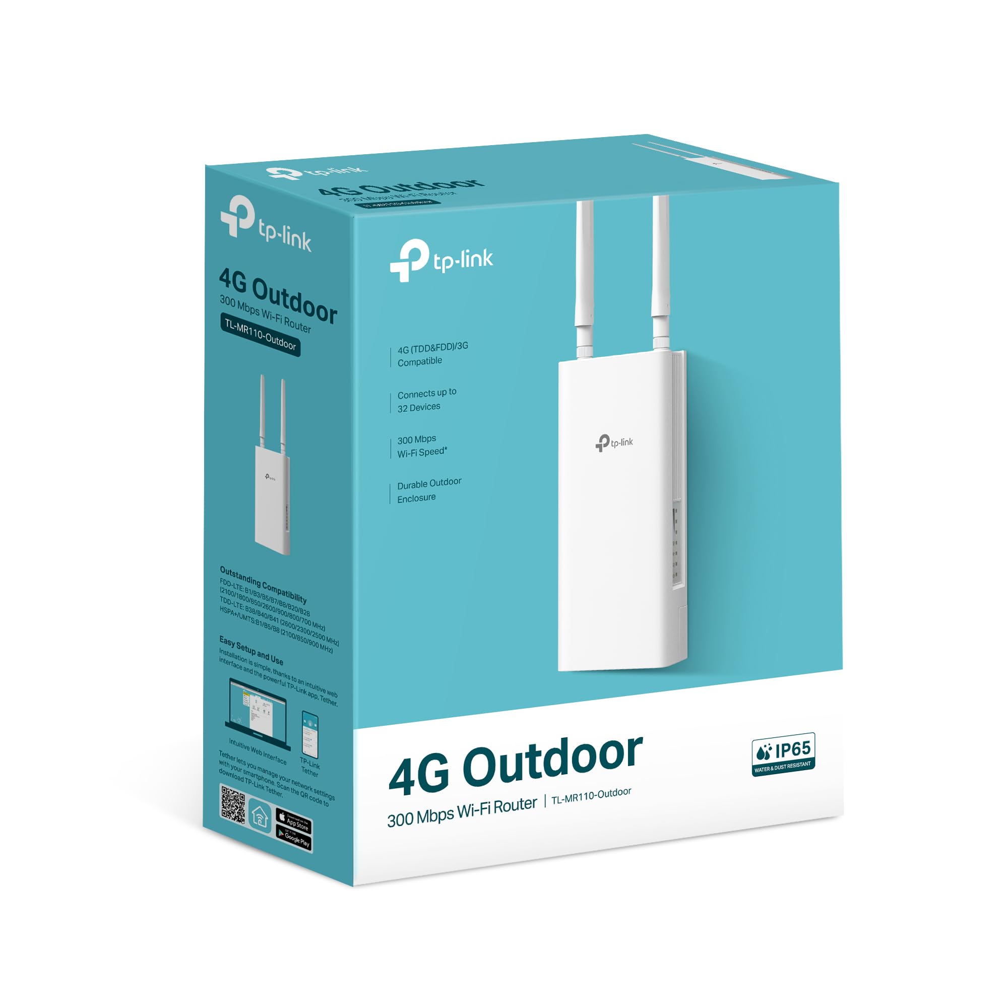 TP-Link TL-MR110-Outdoor 4G LTE Router, WLAN Router SIM Karte, 4G Cat 4 bis zu 150 Mbit/s, 2,4 GHz WLAN bis 300 Mbit/s, PoE/DC-Stromversorgung, IP65, Betriebstemperatur -30℃ bis +60℃