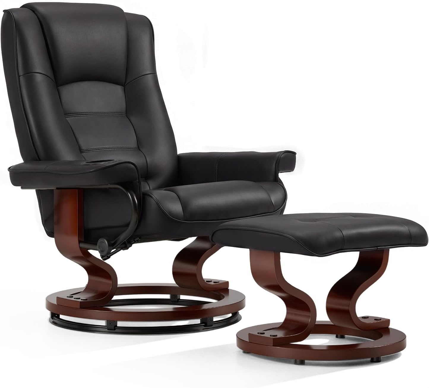 AVAWING Swivel Recliner with Ottoman, Vibration Massage,Wood Base & Adjustable Back, Faux Leather Reclining Chair with Footrest for Living Room and Bedroom, Black