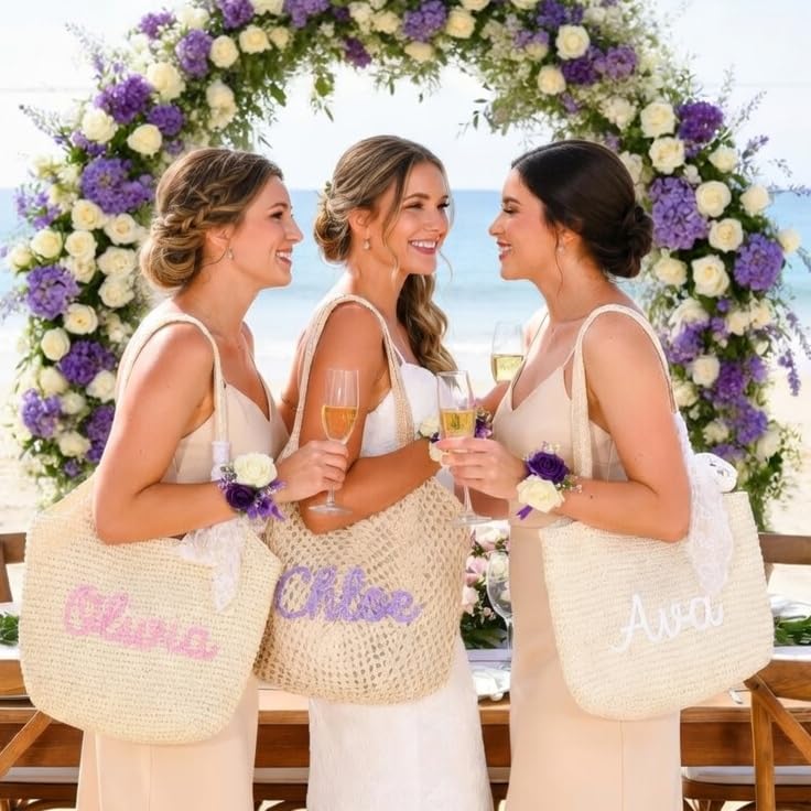 Bolso de playa tejido a mano personalizado VEELU para mujer, bolso tote con nombre personalizado, ligero para viajes y vacaciones de verano miniatura 3