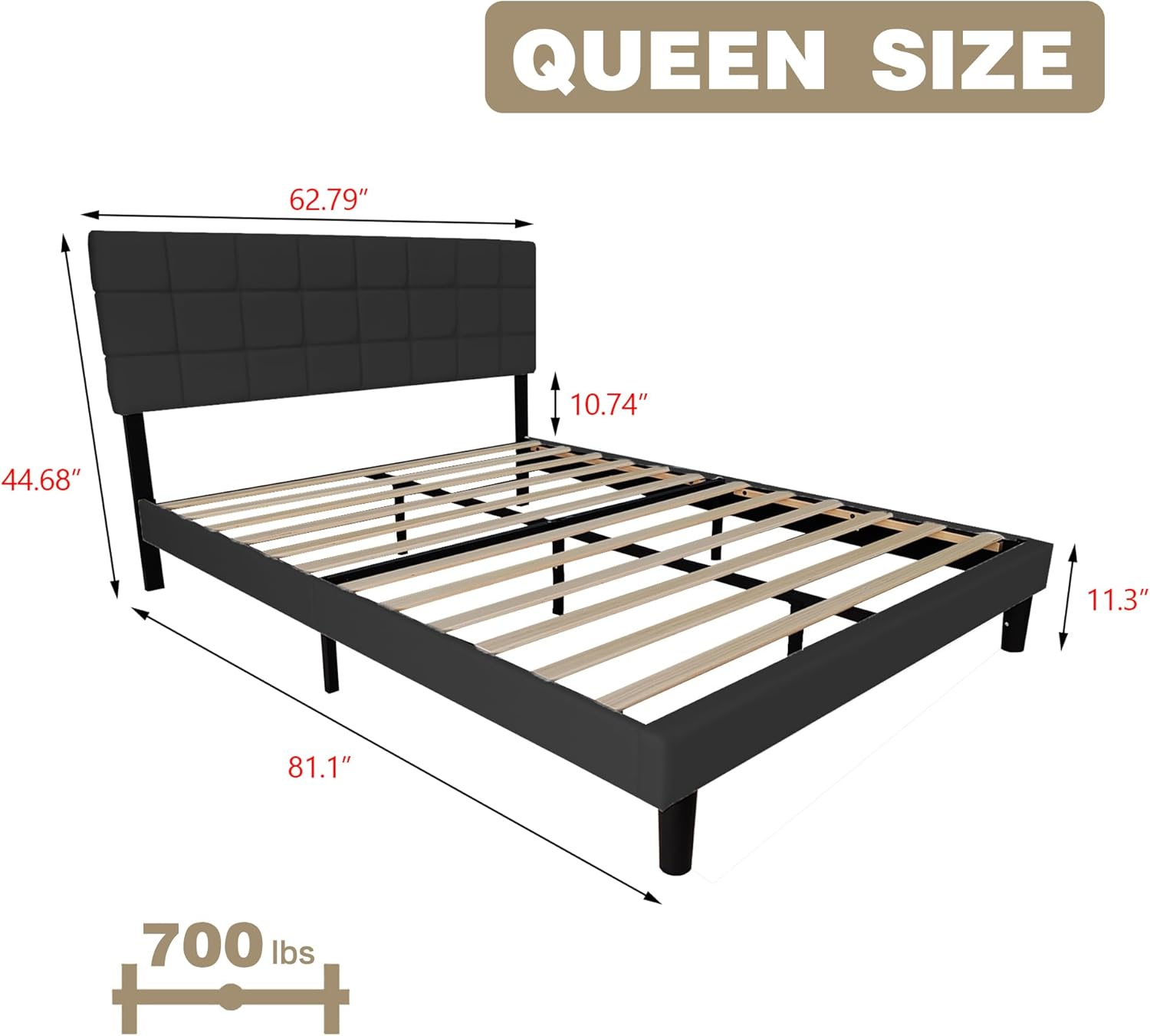 Upholstered Queen Size Bed Frame Platform with Adjustable Headboard Wood Slats Support No Box Spring Needed Easy Assembly Linen Black