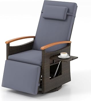 Tangkula Patio Rattan 360 Degree Swivel Recliner Chair, Wicker Lounge Chair w/Adjustable Backrest & Footrest, Cushioned Push Back Reclining Seat w/Flip Side Table for Porch, Yard, Lawn 1, Grey