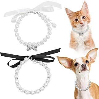 Dog Cat Pearl Collar Necklace with Shiny Rhinestones, Elegant Ribbon Bow and Oversized White Pearl Dog Collar for Female Dogs and Cats, Wedding Party Pet Jewelry Accessories (White and Black)
