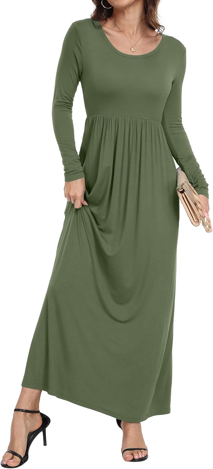 HAOMEILI Women's Long Sleeve Loose Plain Long Maxi Casual Dresses with Pockets 2XL Army Green - Image 3