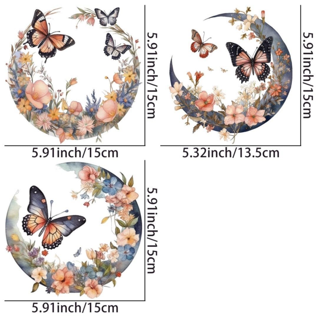 Watercolor Moon and Butterfly Flowers Iron Transfer Patch Heat Transfer Sticker Vinyl Design Iron Applique T-Shirt Clothing DIY Craft Applique Clothing Decoration (P2)