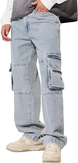 The Souled Store Denim: Washed Blue Men and Boys Buttoned Cotton Blend Baggy Fit Jeans