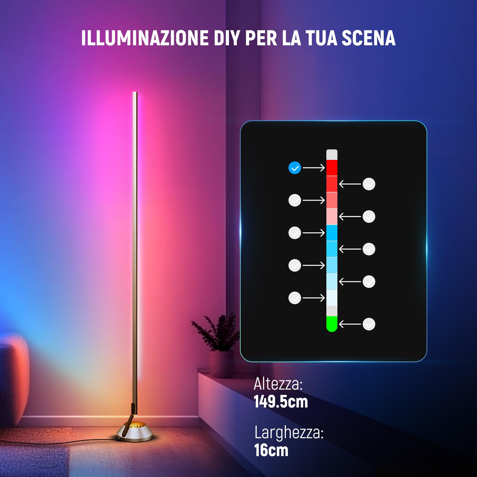 NEEWER Lampada Terra Intelligente RGB IC W,1500lm Luce Angolare a LED Compatibile con Google Alexa,Controllo APP/AI DIY/Sync Musicale/16 Milioni Colori, Illuminazione per Camera Letto, Soggiorno,NF01