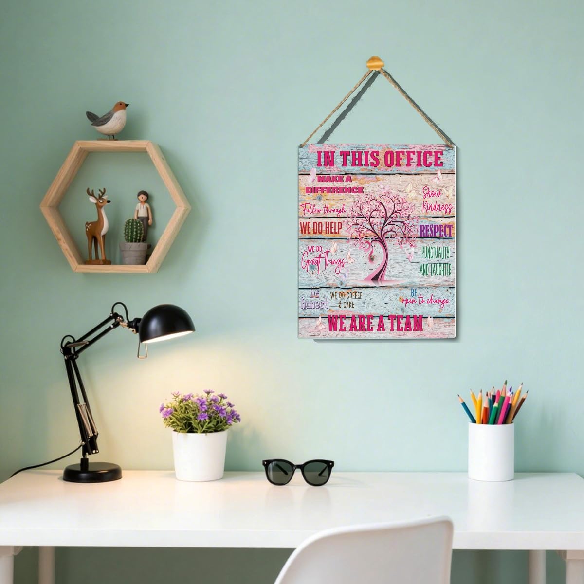 Pink Office Decor for Women Office Quote Pink Tree Signs Wall Decor Desk Accessories Rustic in This Office Make a Difference Wooden Hanging Sign for Home Office Door 8 x 10 image 4