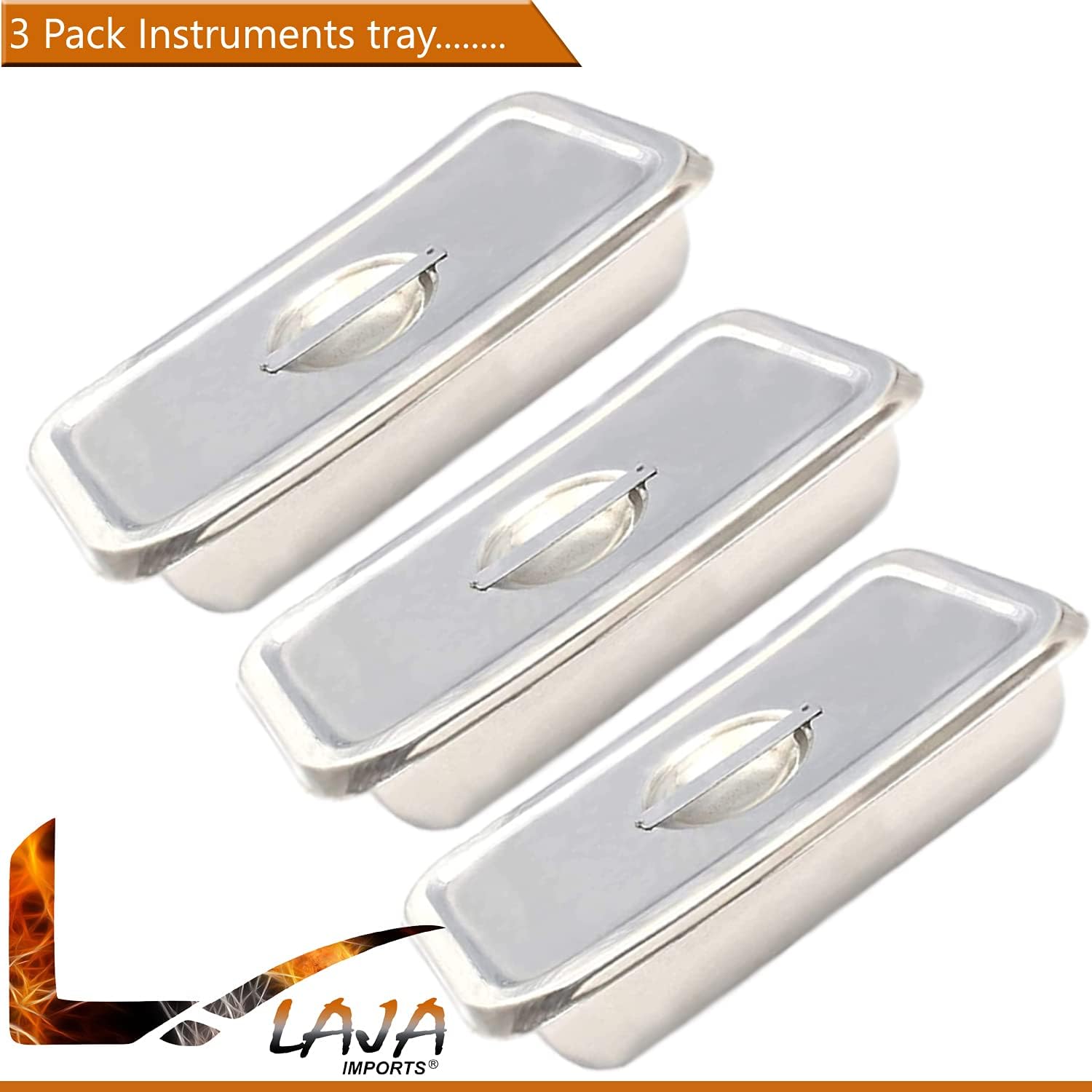 3Pack Instrument Tray with Cover, 9"X5"X2" Stainless Steel for Educational Use