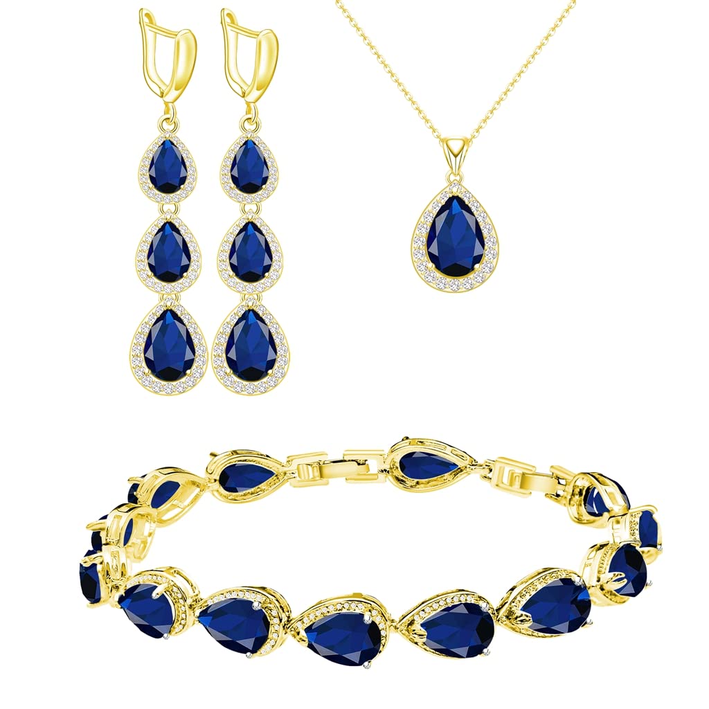 LMXXVJNecklace Long Earrings Bracelet Set, White Gold Plated Created Blue Sapphire Jewelry Set Wedding Party Gift Jewelry for Women Bridal Bridesmaid