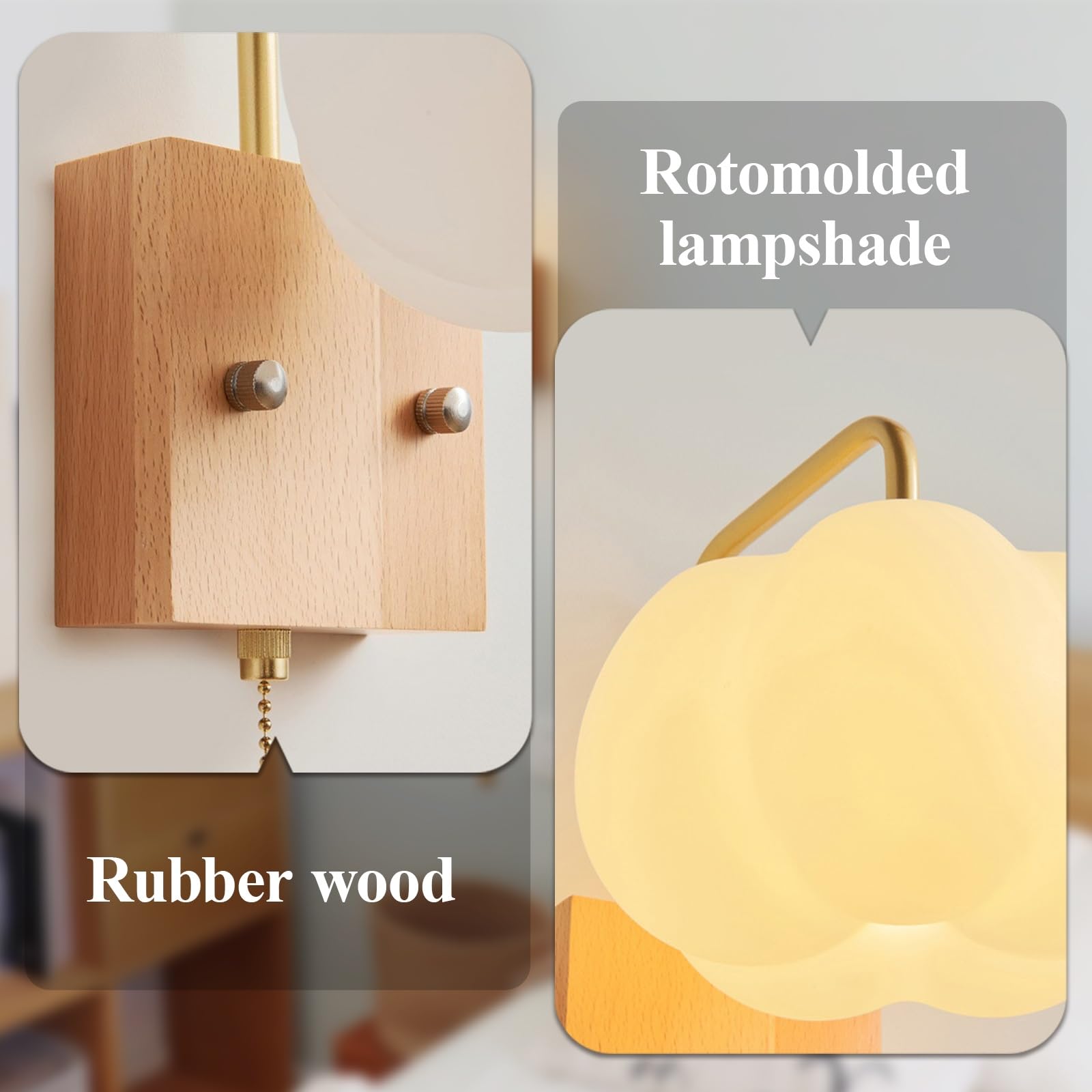 Lampa ścienna z litego drewna Nowoczesny kinkiet wiejski z włącznikiem na łańcuszku, rustykalna kinkiet nocny wiejski, drewniana podstawa i biały akrylowy abażur do sypialni(Wood)