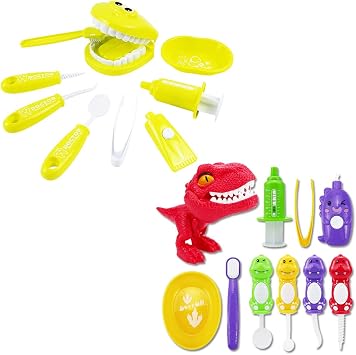 Bundle 19PCS = 9PCS Plastic Simulation Dentist Play Set Yellow + 10PCS Plastic Dinosaur Simulation Dentist Play Set Mixed Colors