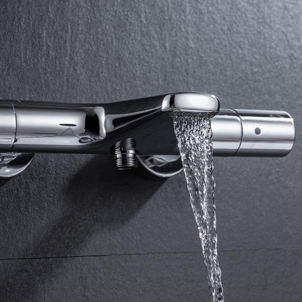 ONECE Grifo de Ducha Cascada, 38°C Grifería Termostática para Bañera y Ducha, Mezclador para Bañera de Latón, con Botón de Seguridad, Doble salida de agua, Cromo