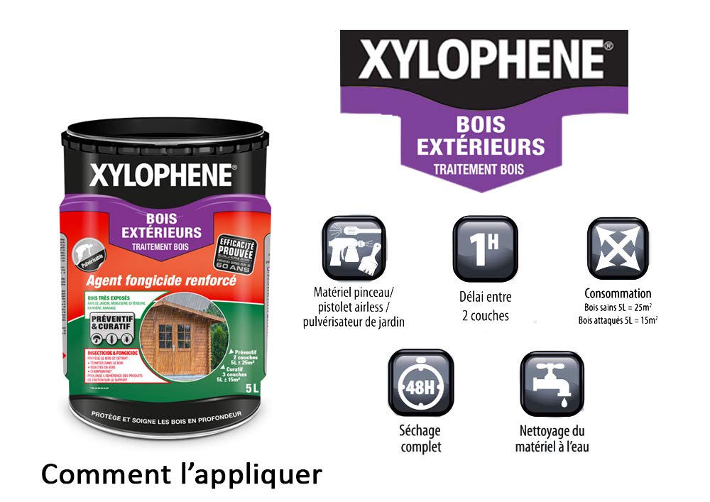 XYLOPHENE Traitement Bois Extérieurs 5L - Anti Insectes Termites Fongicide - Pour Bardage Abris Volets Palissades
