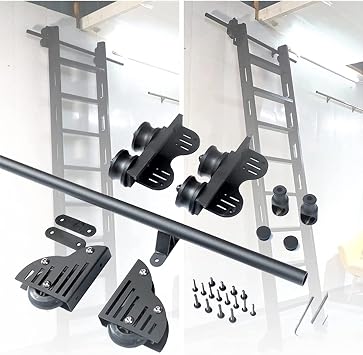 Retractable Sliding Barn Door Kit 3.3ft-20ft Sliding Ladder Library Full Set Hardware Rolling Track with Floor Roller WheelsNo Ladder, Steel Round Tube Mobile Ladder Track for Home/Indoor/
