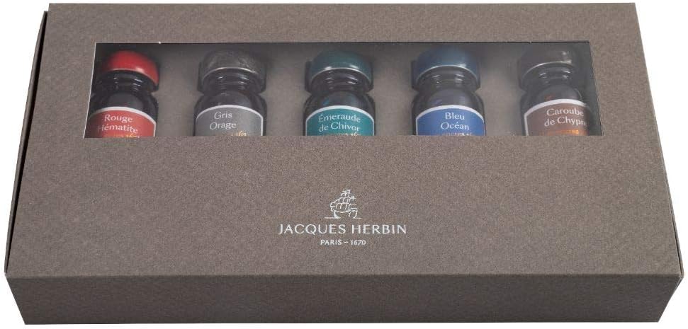 Ref 14000JT - 10ml Ink Bottles for Fountain Pens and Rollerball Pens - Rouge Hématite, Gris Orage, Émeraude de Chivor, Bleu Océan, Caroube de Chypre - Set of 5
