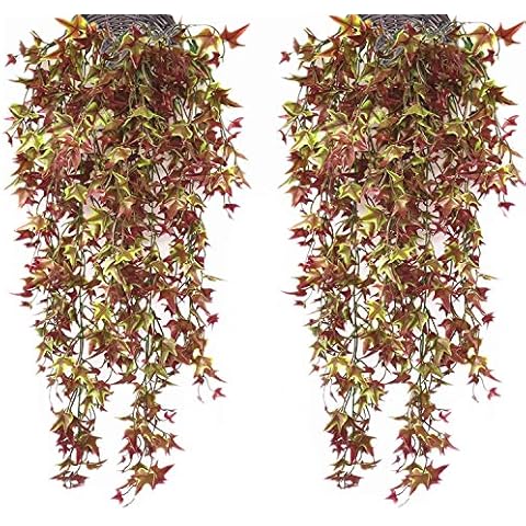 LOVENIMEN Artificial Hanging Vine, Faux Vines Ivy Leaves Outdoor Fake Hanging Plants Luxuriant Wall Hang Garland Porch Patio Arch Balcony Basket Garden Party Wedding Decorations - Red 4 pcs Cover