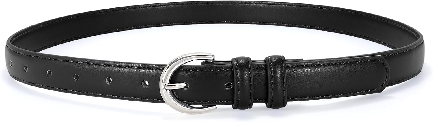 SANSTHS Women Leather Belt for Jeans Pants Fashion Ladies Skinny Belt for Dresses Thin Belt with Single Prong Buckle