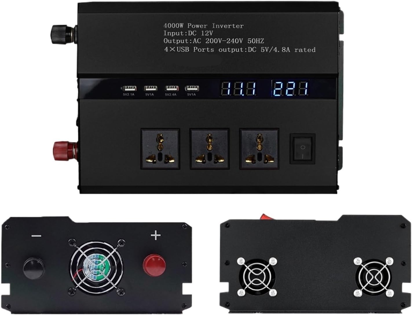Dual-Voltage Vehicle Inverter 12V/24V to 220V 3000W/4000W Dual Digital Display Solar Converter(12v2000w/4000wblack)