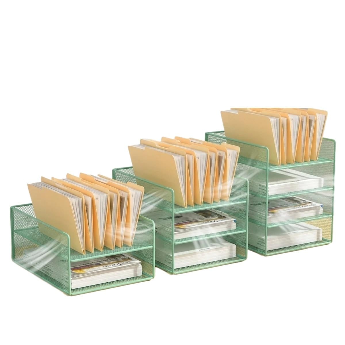 Portadocumenti Da Scrivania Organizzatore di file da scrivania in rete senza installazione: grande capacità, impilabile su 2/3/4 livelli, portarotolo in metallo verde Organizer Scrivania(3-Tier-Green)