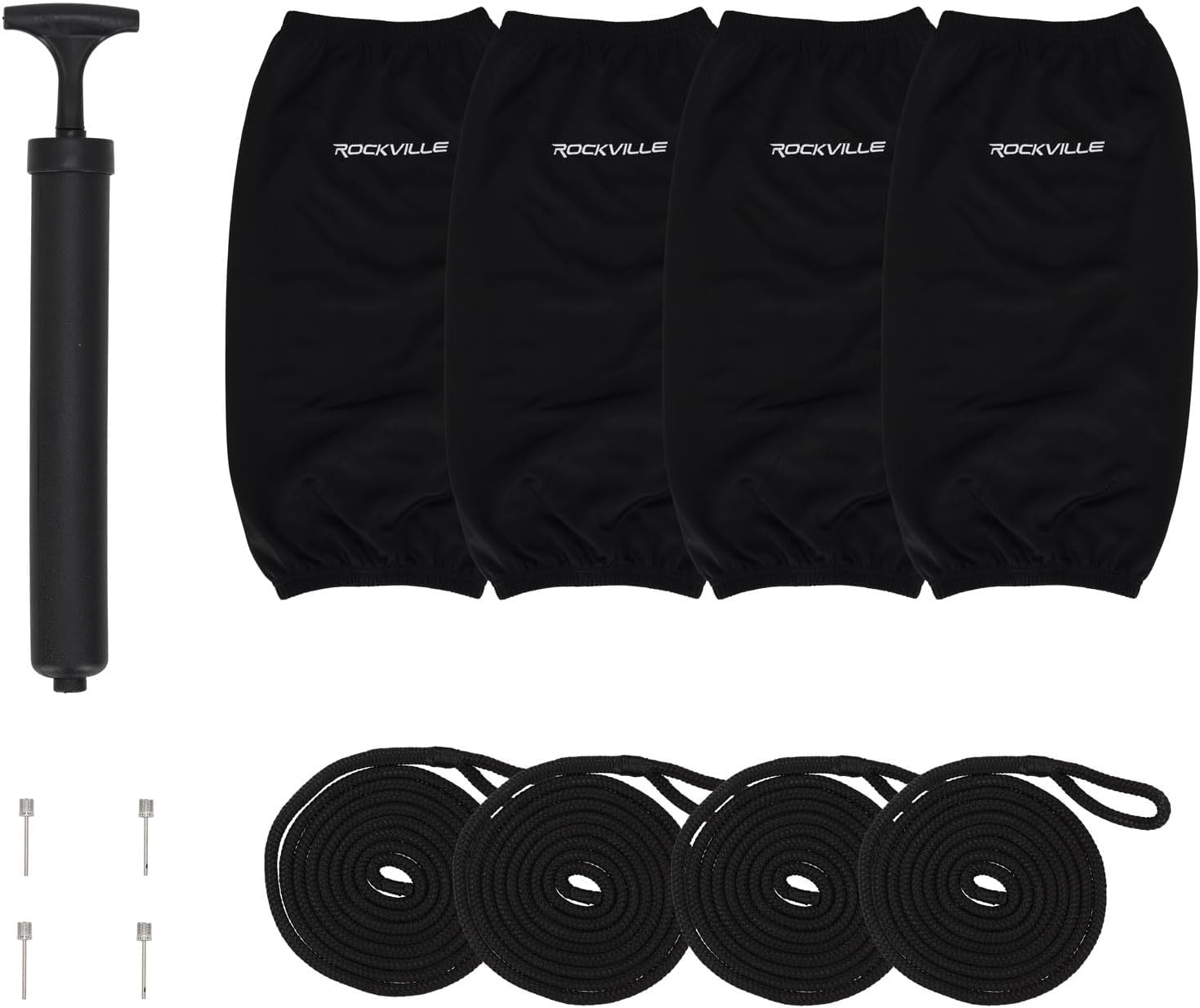 Rockville Boat Fender Package 10in x 30in Marine Bumpers with Covers, Dock Lines & Pump